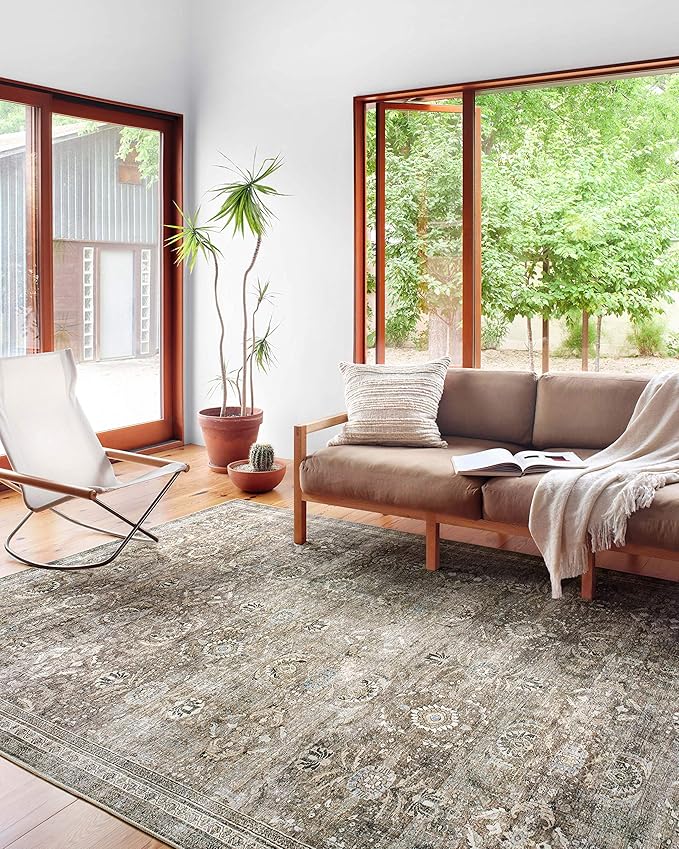 Loloi Layla Collection LAY-13 Antique/Moss 9'-6" x 14' .13" Thick Area Rug, Soft, Durable, Vintage Inspired, Distressed, Low Pile, Non-Shedding, Easy Clean, Printed, Living Room Rug-Ruum Studio Home