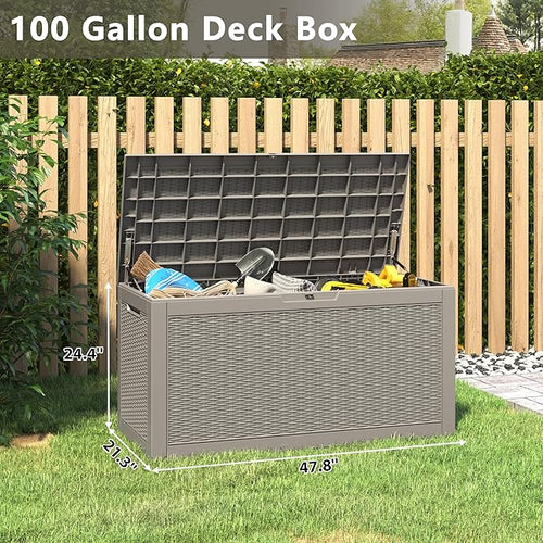 100 Gallon Deck Box Lockable Rattan Outdoor Storage Box waterproof Outdoor Container for Patio Furniture Cushions, Pillow-Ruum Studio Home