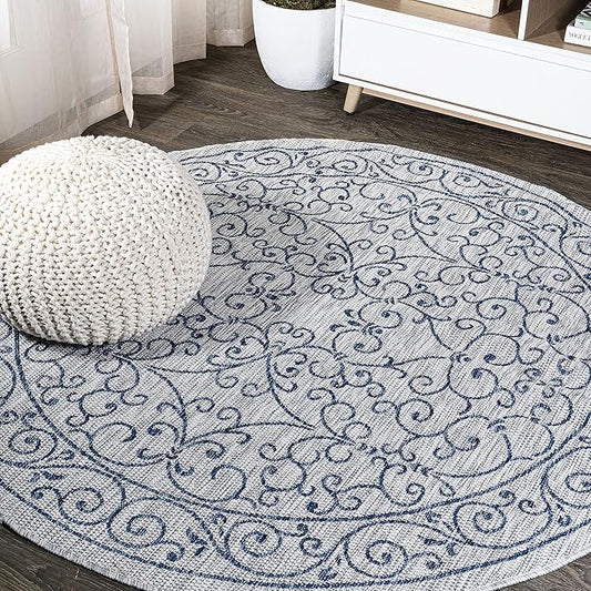 JONATHAN Y Vintage Filigree Indoor Outdoor Round Area Rug 4 Ft Gray/Navy, Charleston Textured Weave for Backyard, Patio, Porch, Easy-Cleaning, High Traffic, Pet-Friendly, Non-Shedding (SMB106C-4R)-Ruum Studio Home