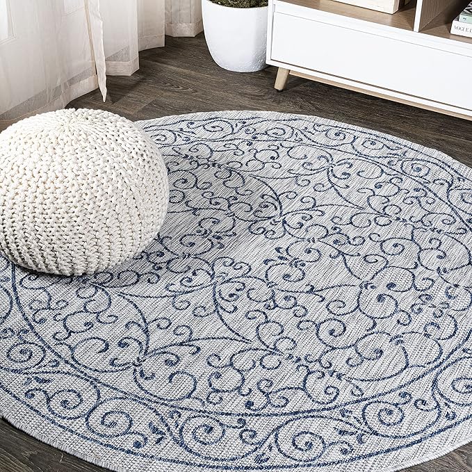 JONATHAN Y Vintage Filigree Indoor Outdoor Round Area Rug 8 Ft Gray/Navy, Charleston Textured Weave for Backyard, Patio, Porch, Easy-Cleaning, High Traffic, Pet-Friendly, Non-Shedding (SMB106C-8R)-Ruum Studio Home
