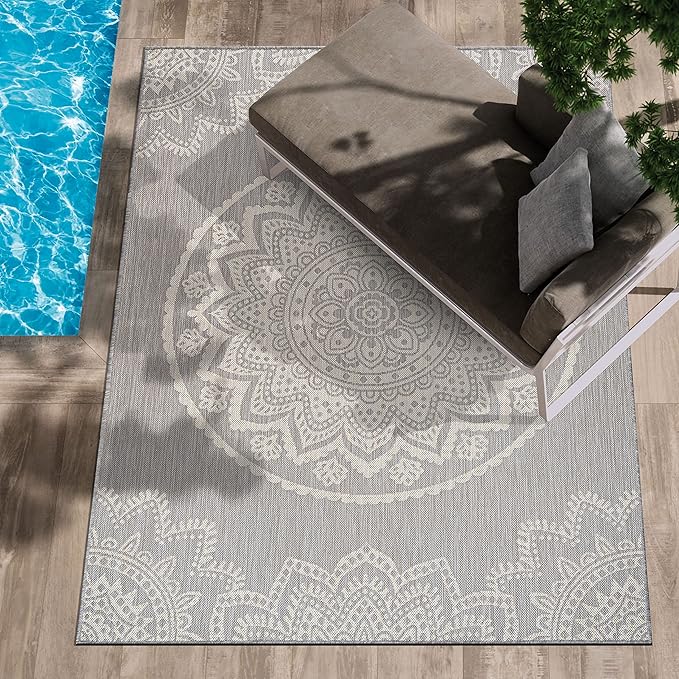 CAMILSON Outdoor Rug 5x7 Modern Area Rugs for Indoor and Outdoor Patios and Porches - Waterproof, Washable, Non-Shedding, Easy-to-Clean Outside Carpet (5 x 7, Medallion - Grey/White)-Ruum Studio Home