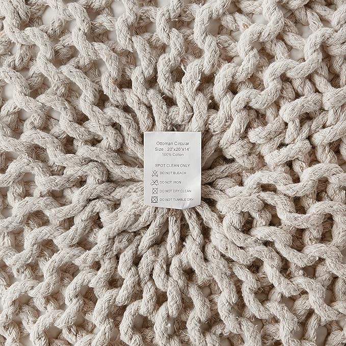 REDEARTH Round Pouf Ottoman - Cable Knitted Boho Poof - Home Décor Cord Pouffe Handmade Circular Footrest for Living Room - Bedroom - Kids Bedroom - 100% Cotton Pouf (18" x 18" x 14") - Ivory-Ruum Studio Home