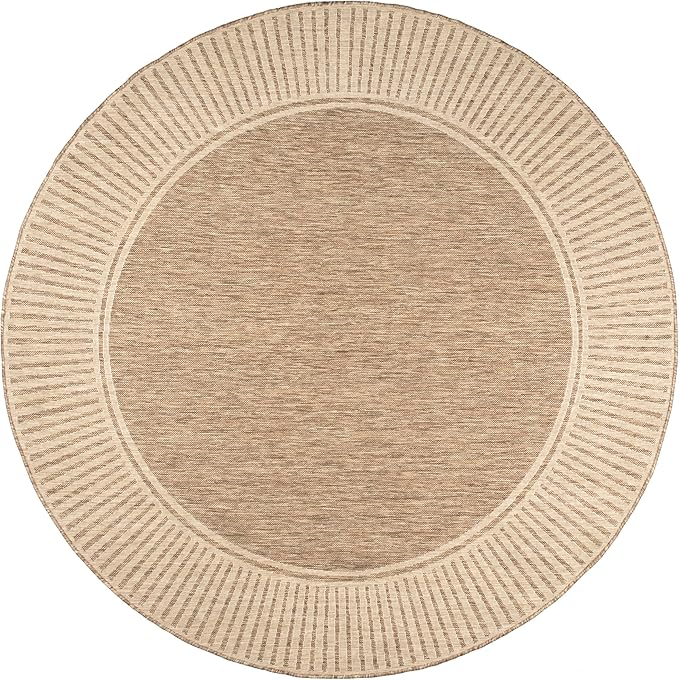 nuLOOM 6'7" Round Outdoor Area Rug, Casual Design With Striped Border, Stain Resistant, Highly Durable, For Patio, Balcony, Bedroom, Living Room, Dining Room, Bathroom, Light Brown-Ruum Studio Home