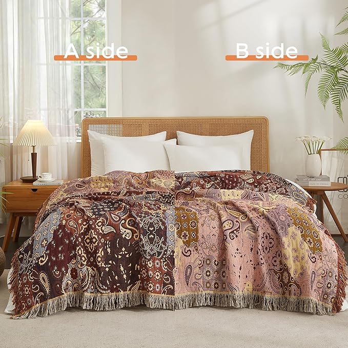 Boho Throw Blanket for Bed 60”x80”, 100% Cotton Woven Blanket for Couch Sofa, Ultra Soft 4-Layer Muslin Quilt with Patchwork Floral Printed, Farmhouse Bed Blanket/Cover for Living Room Decor-Ruum Studio Home