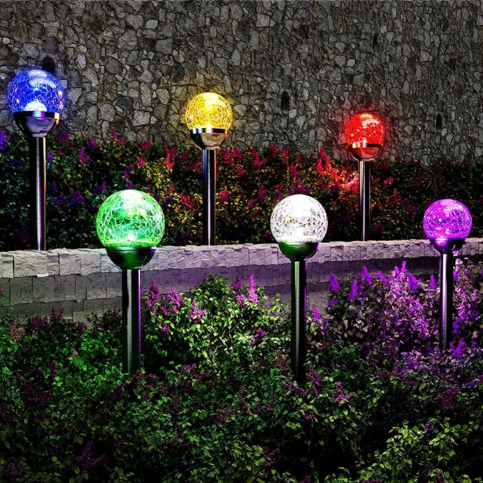 GIGALUMI Solar Outdoor, Cracked Glass Ball Solar Garden Lights, Color Changing Lights Outdoor,Garden LED for Path, Patio, Yard, 6 Pack Pathway-Ruum Studio Home