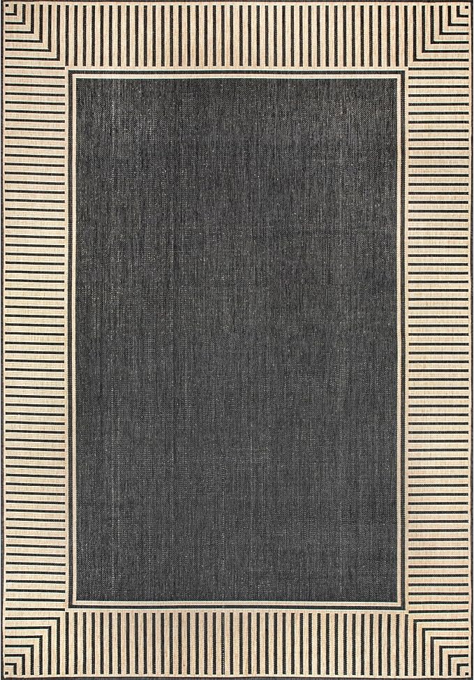 nuLOOM 3'6" x 5' Outdoor Area Rug, Casual Design With Striped Border, Stain Resistant, Highly Durable, For Patio, Balcony, Bedroom, Living Room, Dining Room, Bathroom, Dark Grey-Ruum Studio Home