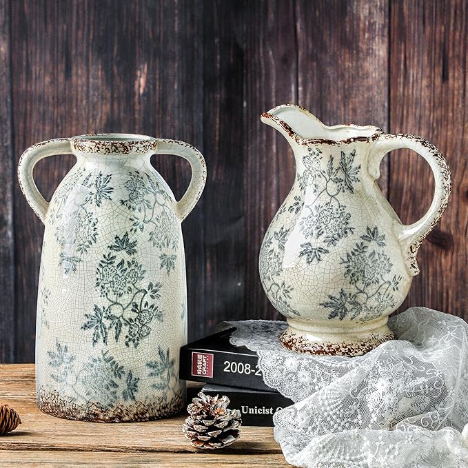 Enra Large Vintage Blue and White and Pitcher for Home Decor, 9.7 Inch Rustic Chinoiserie Decorative Vases, Green and Beige Ceramic Vases for Living Room, Kitchen, Office – Large Vases for Decor-Ruum Studio Home