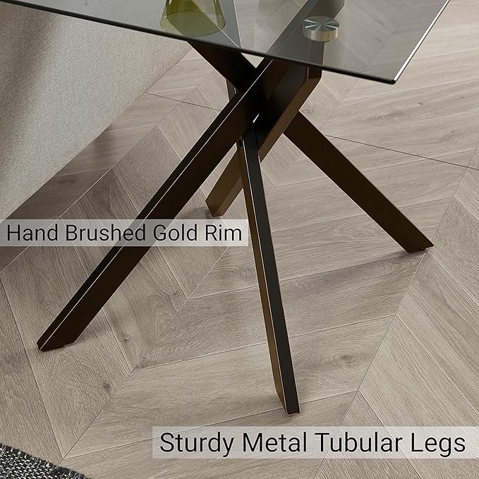Modern Style Square Side Table with Grey Tempered Glass Top and Black Metal Tubular Legs with Gold Rim 20”Dx20”Wx22”H-Ruum Studio Home