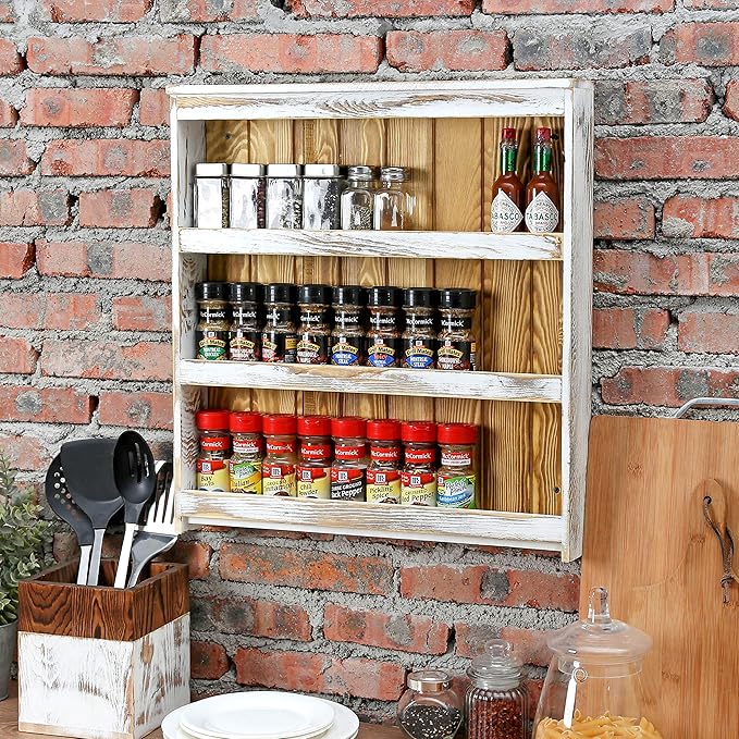 MyGift 3 Tier Wall Mounted Spice Rack, Shabby White Washed and Rustic Natural Burnt Solid Wood Kitchen Pantry Storage Shelf for Seasoning Jars or Condiment Bottles-Ruum Studio Home