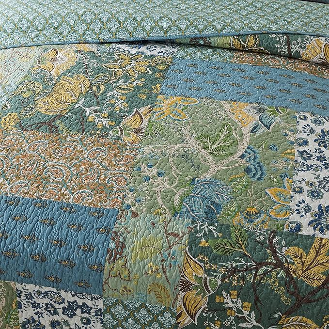 NEWLAKE Cotton Patchwork Bedspread, 3-Piece Bedding Quilt Set with Real Stitched Embroidery, Reversible Matelasse Bed Coverlet Set,Green Farmhouse Garden,King Size-Ruum Studio Home