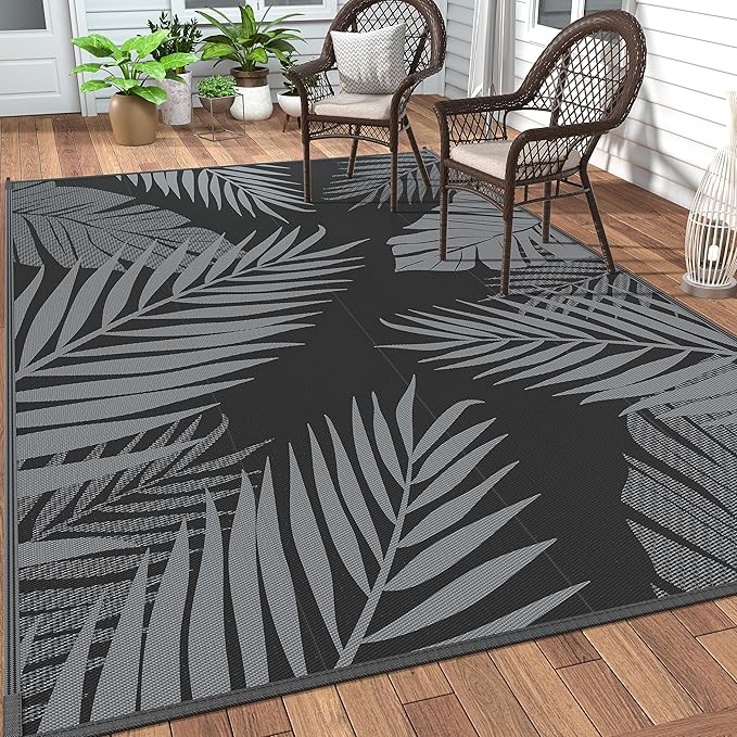 GENIMO Outdoor Rug 5' x 8' Waterproof for Patios Clearance, Reversible Outdoor Plastic Straw Camping Rug Carpet, Large Area Rugs Mats for RV, Picnic, Backyard, Deck, Balcony, Porch, Beach, Black&Grey-Ruum Studio Home