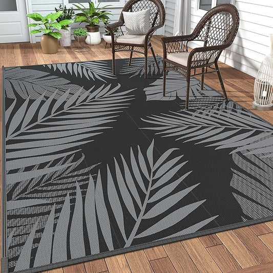 GENIMO Outdoor Rug 5' x 8' Waterproof for Patios Clearance, Reversible Outdoor Plastic Straw Camping Rug Carpet, Large Area Rugs Mats for RV, Picnic, Backyard, Deck, Balcony, Porch, Beach, Black&Grey-Ruum Studio Home