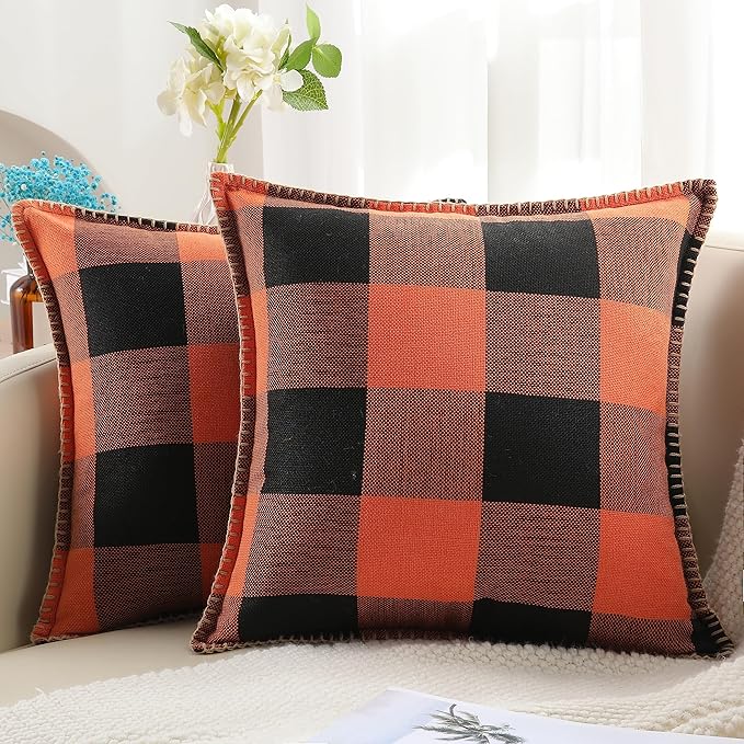 decorUhome Fall Orange and Black Decorative Throw Pillow Covers 16x16 Set of 2, Buffalo Plaid Check Farmhouse Cushion Covers with Stitched Edge for Autumn Harvest Couch Sofa Bed Home Decor-Ruum Studio Home