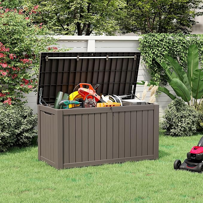 KAMABOKO Outdoor Storage Box, 150 Gallon Large Outdoor Resin Deck Box, Storage Waterproof Boxes Lockable Lid for Garden Tools, Pool Supplies, Patio Furniture and Cushions, Grey-Ruum Studio Home
