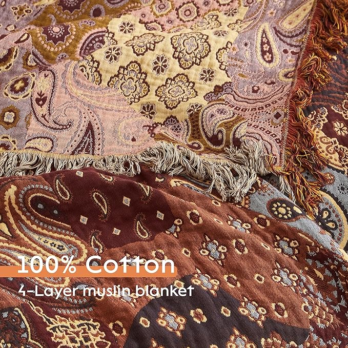 Boho Throw Blanket for Bed 80”x90”, 100% Cotton Woven Blanket for Couch Sofa, Ultra Soft 4-Layer Muslin Quilt with Patchwork Floral Printed, Farmhouse Bed Blanket/Cover for Living Room Decor-Ruum Studio Home
