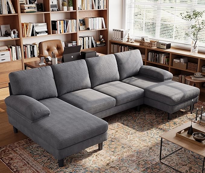 LINSY HOME Sectional Couch, 111'' W Corduroy U Shaped Sofa with Sleepable Armrests, 4 Seat Couch with Double Chaises, Deep Sofa for Living Room, Grey-Ruum Studio Home