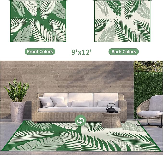 GENIMO Outdoor Rug 9' x 12' Waterproof for Patios Clearance, Reversible Outdoor Plastic Straw Camping Rug Carpet, Large Area Rugs Mats for RV, Picnic, Backyard, Deck, Balcony, Porch, Dark Green&White-Ruum Studio Home