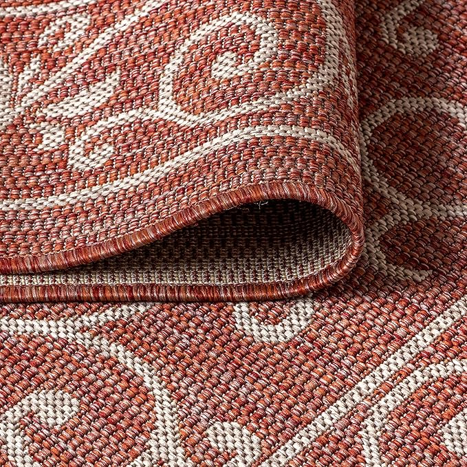 JONATHAN Y Vintage Filigree Indoor Outdoor Round Area Rug 8 Ft Red/Beige, Charleston Textured Weave for Backyard, Patio, Porch, Easy-Cleaning, High Traffic, Pet-Friendly, Non-Shedding (SMB106B-8R)-Ruum Studio Home