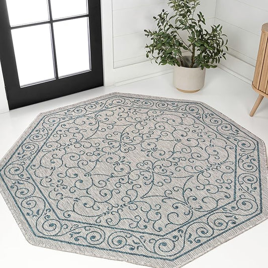 JONATHAN Y Vintage Filigree Indoor Outdoor Octagon Area Rug 8 Ft Gray/Teal, Charleston Textured Weave for Backyard, Patio, Porch, Easy-Cleaning, High Traffic, Pet-Friendly, Non-Shedding SMB106E-8TGN-Ruum Studio Home