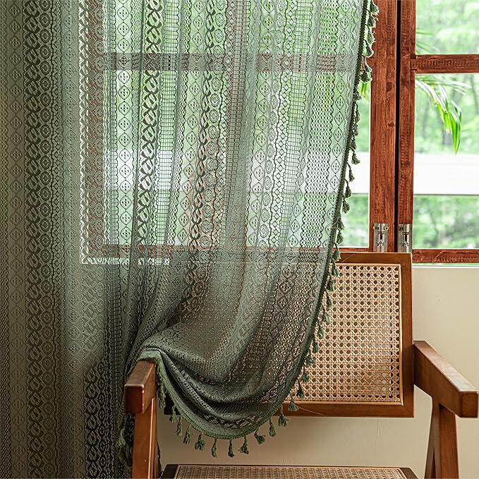 Sutuo Home Boho Curtains for Bedroom Living Room 72 inches Long, Crochet Lace Sheer Bohemian Hollow Knitted with Tassels, Privacy Vintage Farmhouse, Rod Pocket 1 Panel 59" W x 72" L,Olive Green-Ruum Studio Home