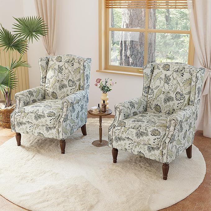 Lumibee Wingback Accent Chair, 2 Set High Back Floral Armchairs in Fabric,Comfy Upholstered Reading Single Sofa Chairs with Solid Wood Legs for Living Room,Bedroom,Office-Plants Beige-Ruum Studio Home