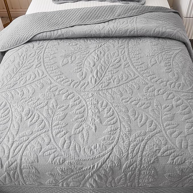 MarCielo 3-Piece 100% Cotton Oversized Bedspread Lightweight Quilt Coverlet Embroidery Farmhouse Bedding Set T0 (Light Grey, Twin (68"x86"))-Ruum Studio Home