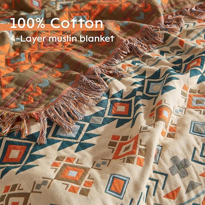 Boho Throw Blanket for Bed 60”x80”, 100% Cotton Woven Blanket for Couch Sofa, Ultra Soft 4-Layer Muslin Quilt with Diamond Pattern, Farmhouse Bed Blanket/Cover for Living Room Decor-Ruum Studio Home