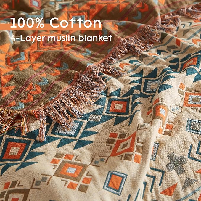 Boho Throw Blanket for Bed 90”x98”, 100% Cotton Woven Blanket for Couch Sofa, Ultra Soft 4-Layer Muslin Quilt with Diamond Pattern, Farmhouse Bed Blanket/Cover for Living Room Decor-Ruum Studio Home
