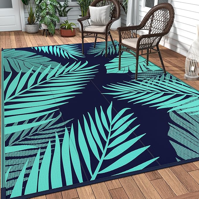 GENIMO Outdoor Rug 8' x 10' Waterproof for Patios Clearance, Reversible Outdoor Plastic Straw Camping Rug Carpet, Large Area Rugs Mats for RV, Camper, Deck, Balcony, Porch, Beach, Navy Blue&Jade Green-Ruum Studio Home
