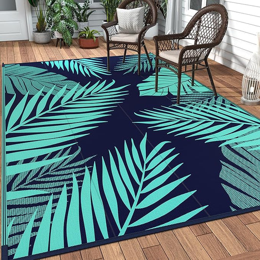 GENIMO Outdoor Rug 5' x 8' Waterproof for Patios Clearance, Reversible Outdoor Plastic Straw Camping Rug Carpet, Large Area Rugs Mats for RV, Camper, Deck, Balcony, Porch, Beach, Navy Blue&Jade Green-Ruum Studio Home