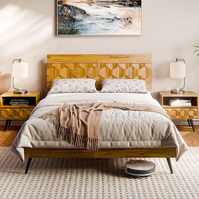 Bme Georgina Solid Wood Nightstand With 1 Drawer & Open Shelf- Fully Assembled Mid Century Modern Side Table - Geometric Pattern Bedside Dresser for Bedroom and Living Room-Ruum Studio Home