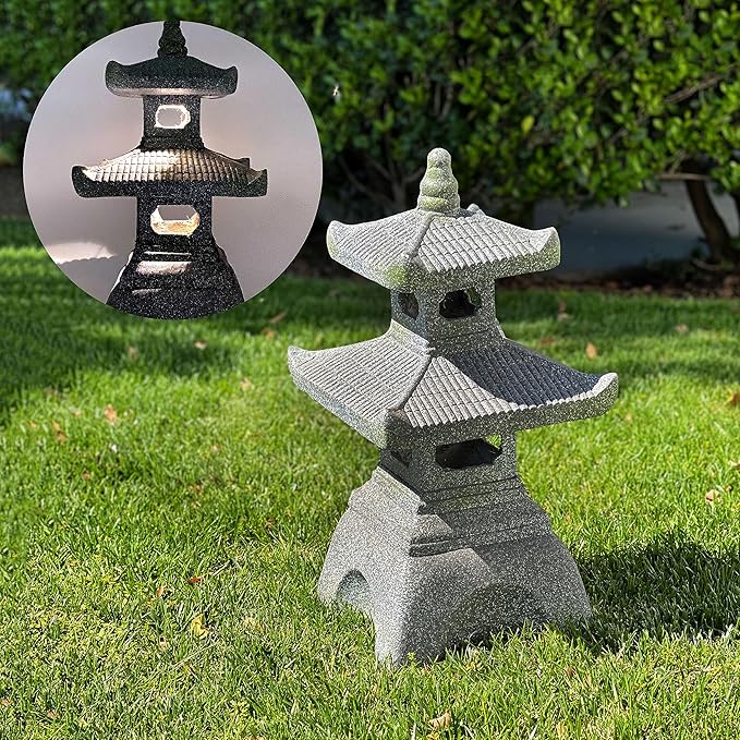 Galt International 2 Tier Pagoda Garden Statue LED Solar Powered Light 26" Tall Outdoor Zen Garden Lantern Landscape Lawn Asian Pagoda Stupa Decor Grey Resin-Ruum Studio Home