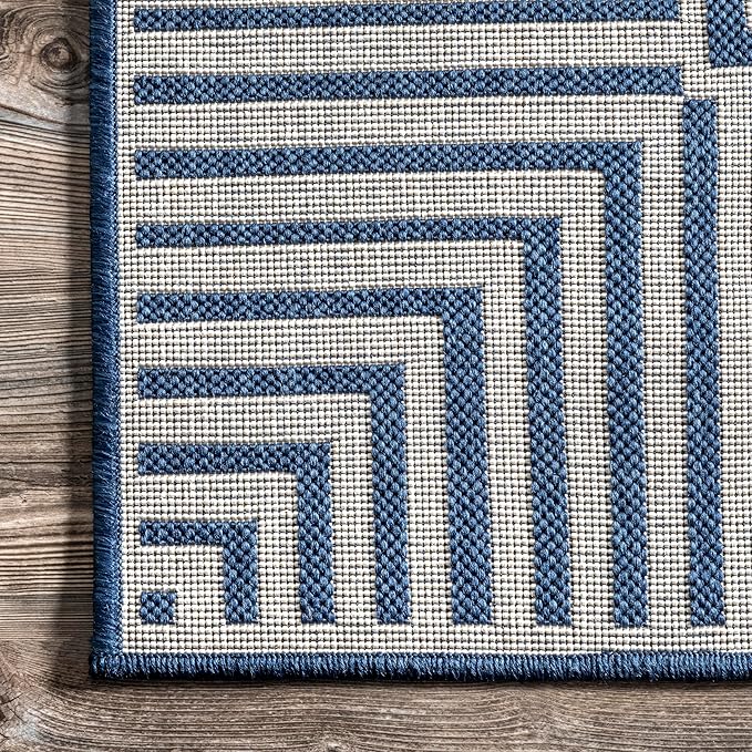 nuLOOM 6' 7" x 9' Outdoor Area Rug, Casual Design With Striped Border, Stain Resistant, Highly Durable, For Patio, Balcony, Bedroom, Living Room, Dining Room, Bathroom, Navy-Ruum Studio Home