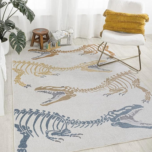 JONATHAN Y Machine-Washable Cream/Multi Indoor Area Rug, 4x6, Kingdarr T-Rex Modern, Casual, Kids & Novelty for Living Room, Dining Room, Bedroom, Kitchen Easy-Cleaning, Non-Shedding (KDW103A-4)-Ruum Studio Home