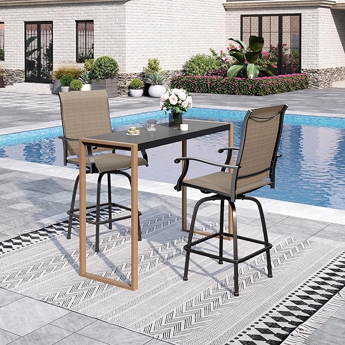 Sophia & William Outdoor Bar Set, Patio Bar Table and Chairs Set, Bar Height Patio Set - 2 x Swivel Bar Chairs(Brown), 1 x Rectangular Bar Table(Larimar Desktop)-Ruum Studio Home