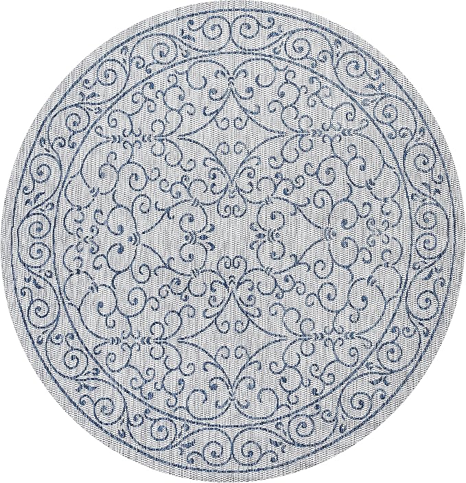 JONATHAN Y Vintage Filigree Indoor Outdoor Round Area Rug 8 Ft Gray/Navy, Charleston Textured Weave for Backyard, Patio, Porch, Easy-Cleaning, High Traffic, Pet-Friendly, Non-Shedding (SMB106C-8R)-Ruum Studio Home