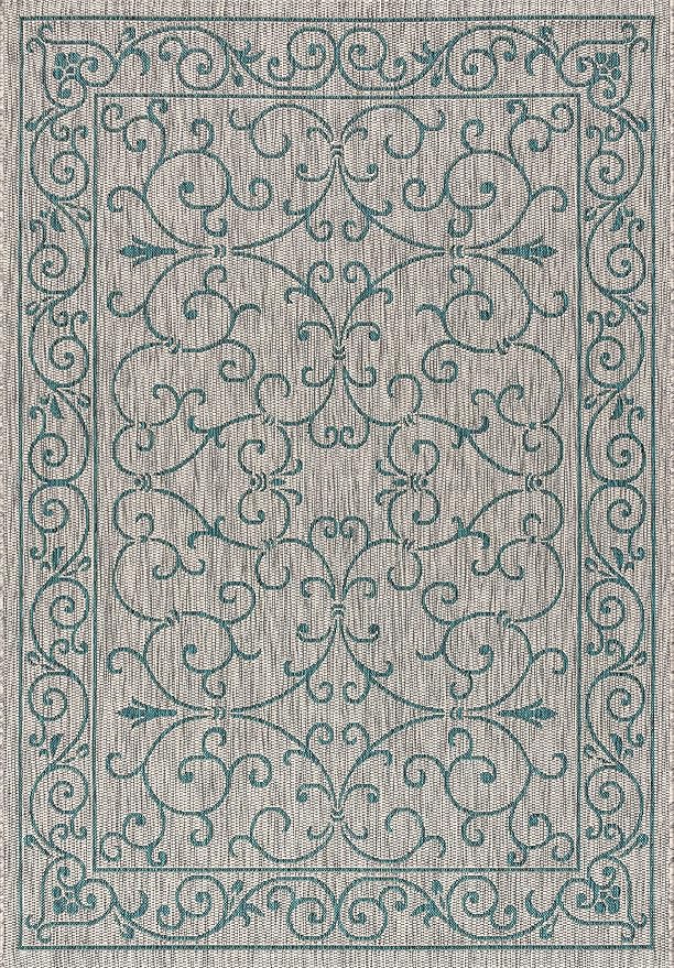 JONATHAN Y Vintage Filigree Indoor Outdoor Area Rug 4X6 Gray/Teal, Charleston Textured Weave for Backyard, Patio, Porch, Easy-Cleaning, High Traffic, Pet-Friendly, Non-Shedding (SMB106E-4)-Ruum Studio Home