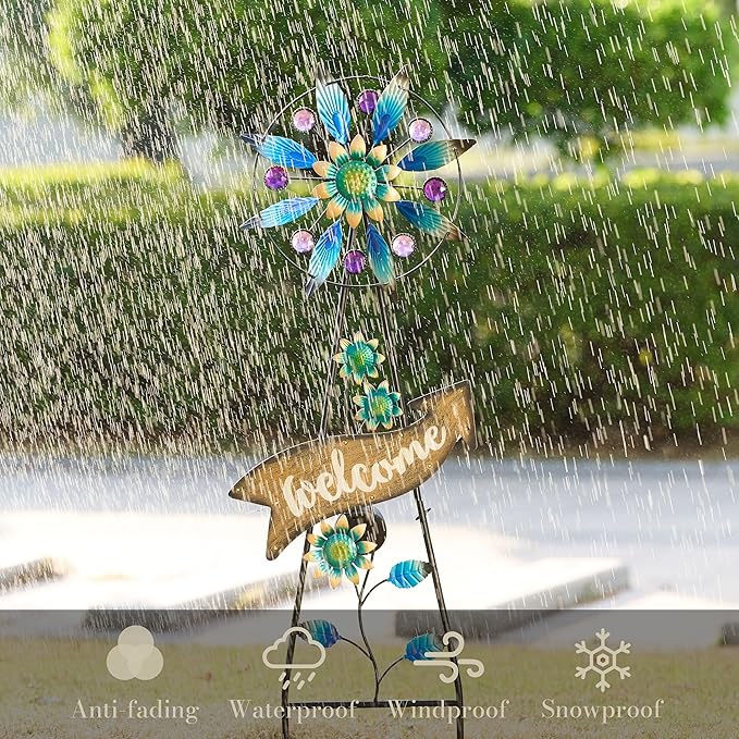 TERESA'S COLLECTIONS Peacock Garden Decor Solar Stake, Wind Spinner for Outdoor Decorations, Metal Windmill Blue Floral Yard Art Sign Decorative Garden Stake for Lawn Ornaments, Gifts for Mom, 26''-Ruum Studio Home