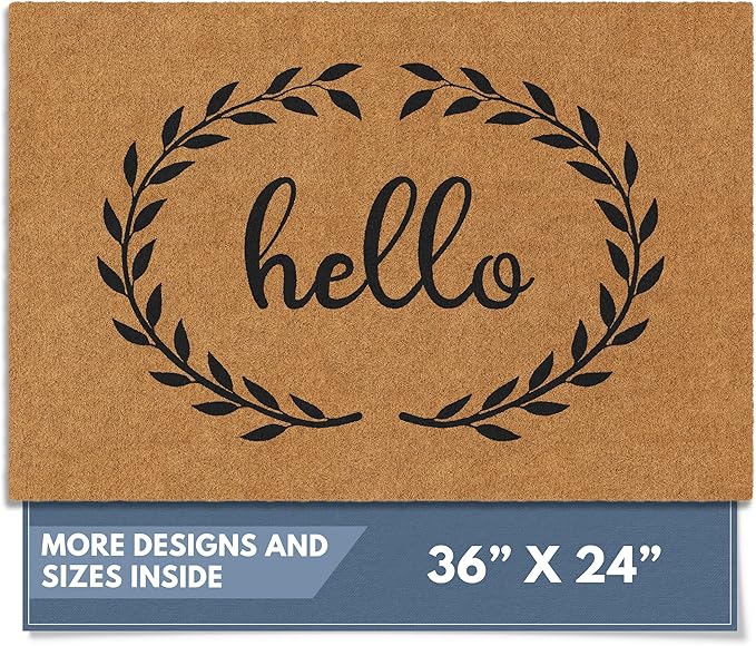 Barnyard Designs Natural Coco Coir Heavy Duty Backing Doormat - Large Cute Non-Slip Front Door Welcome Mat for Outside Entrance or Porch Entry, Brown (24x36, Hello)-Ruum Studio Home