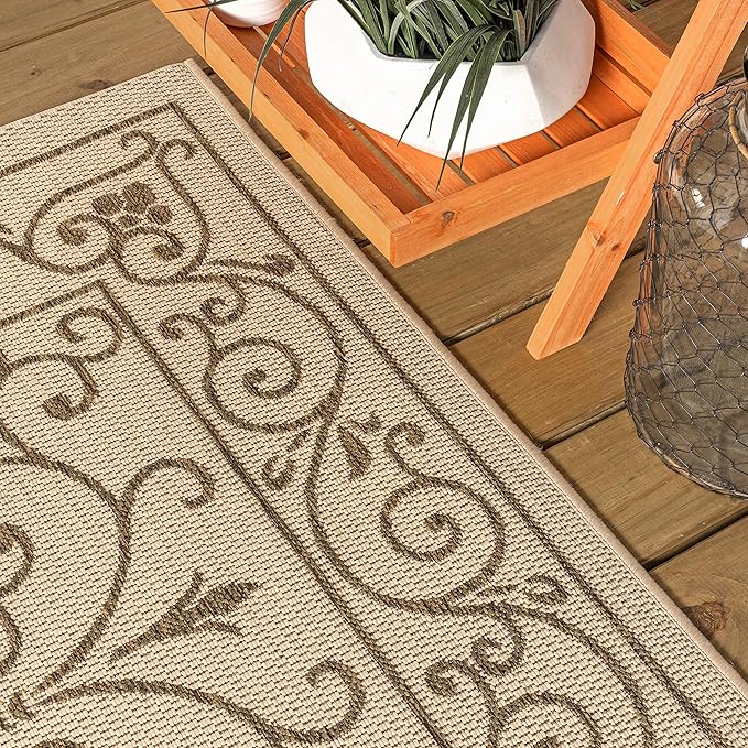 JONATHAN Y Vintage Filigree Indoor Outdoor Round Area Rug 9 Ft Beige/Brown, Charleston Textured Weave for Backyard, Patio, Porch, Easy-Cleaning, High Traffic, Pet-Friendly, Non-Shedding (SMB106A-9R)-Ruum Studio Home