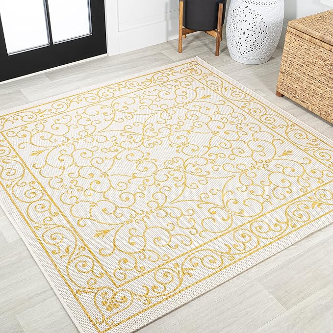 JONATHAN Y Vintage Filigree Indoor Outdoor Square Area Rug 5X5 Cream/Yellow, Charleston Textured Weave for Backyard, Patio, Porch, Easy-Cleaning, High Traffic, Pet-Friendly, Non-Shedding SMB106M-5SQ-Ruum Studio Home