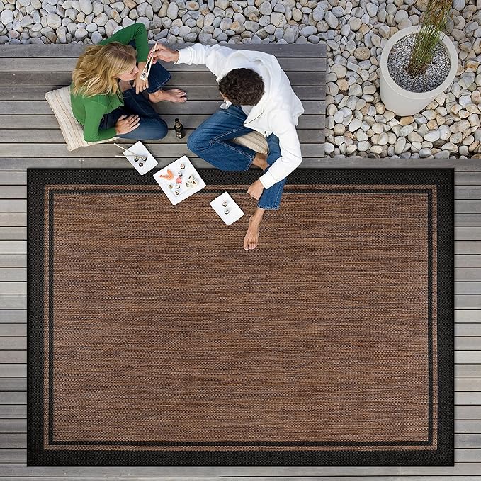 CAMILSON Indoor Outdoor Rug, 9x12 Bordered Nut Brown Black Modern Area Rugs for Indoor and Outdoor Patios, Kitchen and Hallway Mats, Washable Porch Deck Outside Carpet (Border Nut Brown Black, 9 x 12)-Ruum Studio Home