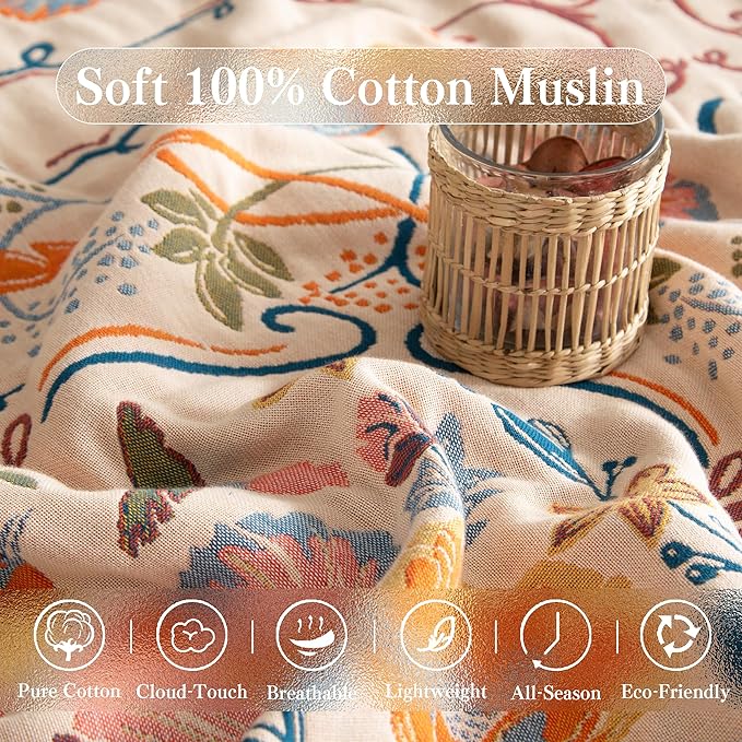 Boho Throw Blanket Twin Size, Soft Cozy Cotton Muslin Quilt Blanket for Bed Decor, Floral Patterned Couch Sofa Chair Cover, Vintage Farmhouse Cottage Tapestry Woven Blanket, Yellow&Blue-Ruum Studio Home