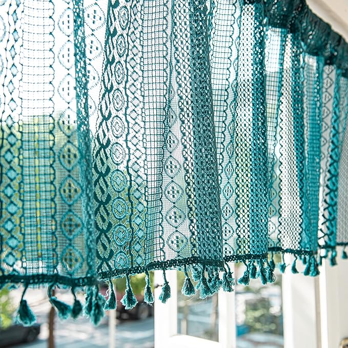 Sutuo Home Boho Valance Tier Curtains Crochet Lace Sheer Bohemian Hollow Knitted with Tassels, Privacy Vintage Rustic Farmhouse Drapes for Kitchen, Rod Pocket 1 Panel 59" W x 36" L, Turquoise-Ruum Studio Home