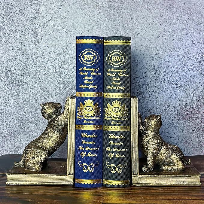 Book Ends for Shelves to Hold Books Heavy Duty,Decorative Bookend for Bookshelf Décor,Cute Animal Cat Book Stopper Cat Statues for Home, Office Desk Decoration,1pair-Ruum Studio Home
