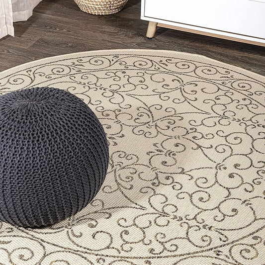 JONATHAN Y Vintage Filigree Indoor Outdoor Round Area Rug 8 Ft Beige/Brown, Charleston Textured Weave for Backyard, Patio, Porch, Easy-Cleaning, High Traffic, Pet-Friendly, Non-Shedding (SMB106A-8R)-Ruum Studio Home