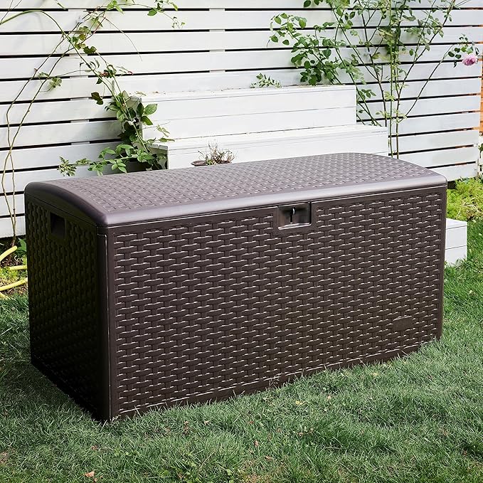 Amazon Basics Outdoor Organization & Storage Deck Box with Lid, 99 Gallon, Brown-Ruum Studio Home