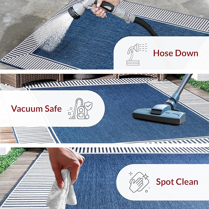 nuLOOM 3'6" x 5' Outdoor Area Rug, Casual Design With Striped Border, Stain Resistant, Highly Durable, For Patio, Balcony, Bedroom, Living Room, Dining Room, Bathroom, Navy-Ruum Studio Home