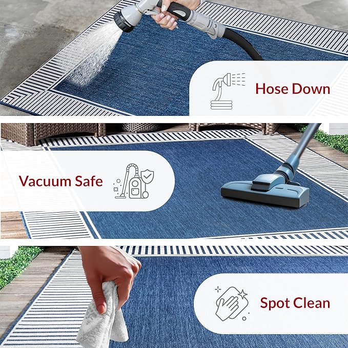 nuLOOM 2' x 3' Outdoor Area Rug, Casual Design With Striped Border, Stain Resistant, Highly Durable, For Patio, Balcony, Bedroom, Living Room, Dining Room, Bathroom, Navy-Ruum Studio Home