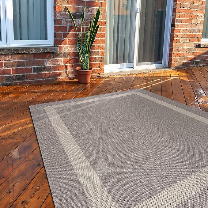 CAMILSON Outdoor Rug 9x12,Large Modern Outside Rugs for Patios Porches Waterproof Durable Washable Non-Shedding, Easy-to-Clean Indoor Outdoor Area Carpet (9 x 12, Bordered - Gray/White)-Ruum Studio Home